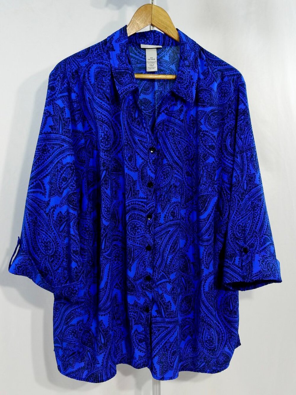Catherines 2X 22/24W Blouse Blue and Black Womens Button Up Paisley